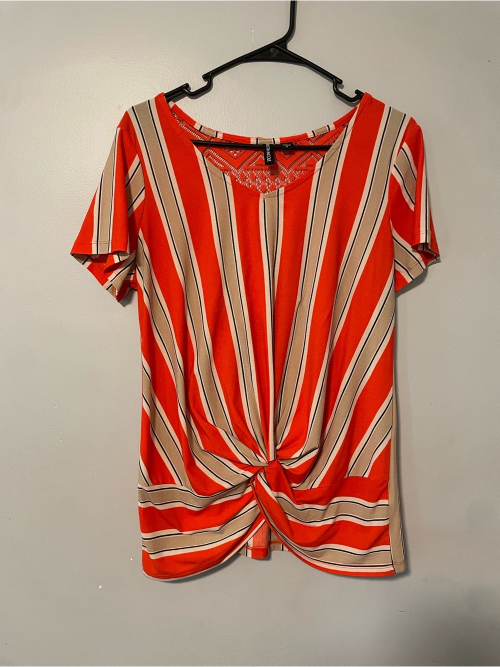T.J.Maxx Orange and Cream Striped Twist-Front Short Sleeve Top Medium